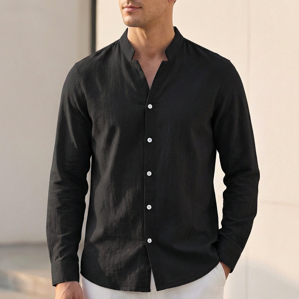 Arthur Relaxed Fit Shirt | Band Collar Long Sleeve Shirt
