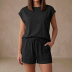 Sienna Loose Fit Cap Sleeve T-Shirt And Relaxed Fit Drawstring Shorts Two-Piece Set | Solid Casual Set