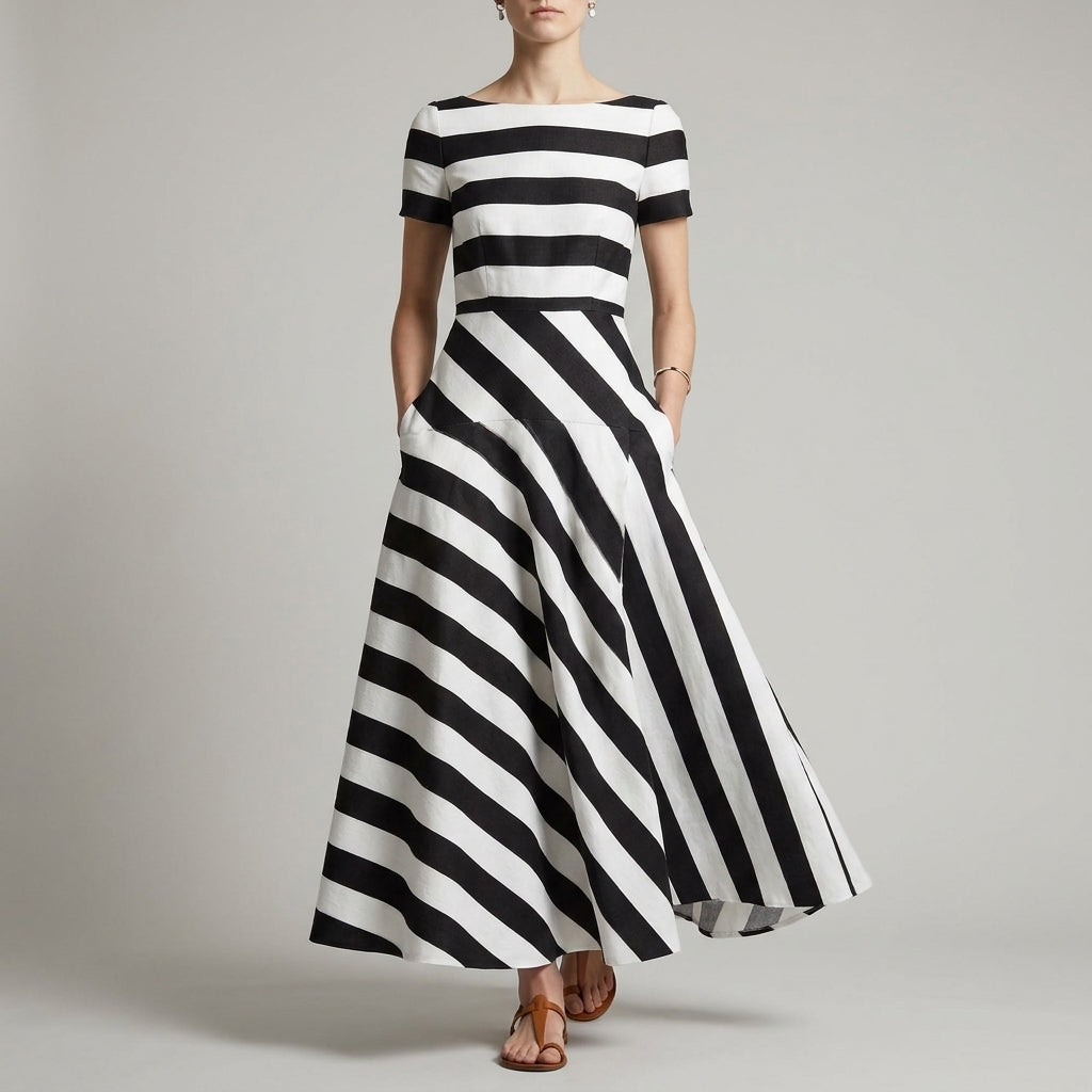 A-Line Ankle-Length Striped Maxi Dress with Pockets for Women – Stylish & Comfortable