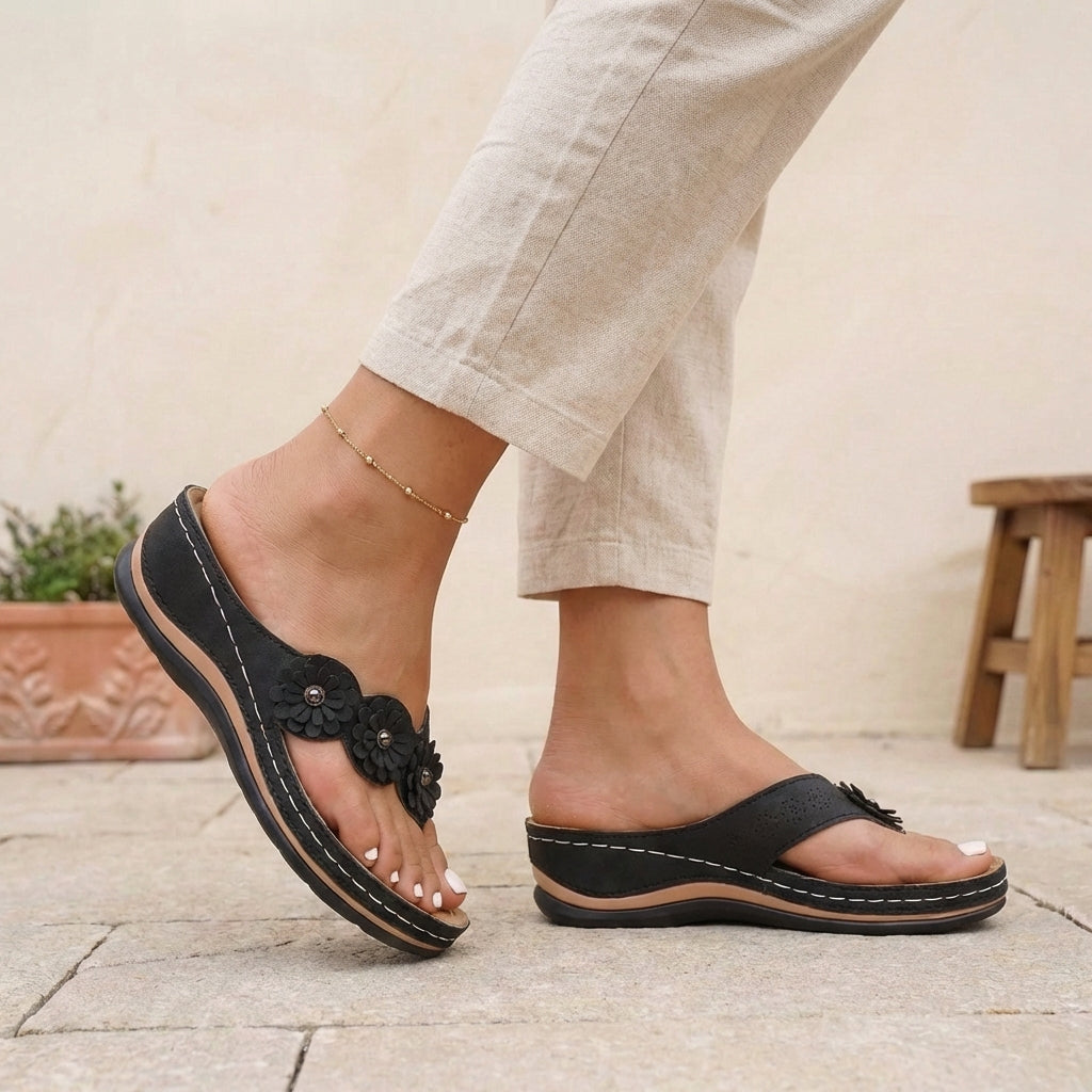 Sienna Orthopedic Open Toe Wedge Flip-Flops | Floral Embellishments Wedge Flip-Flops
