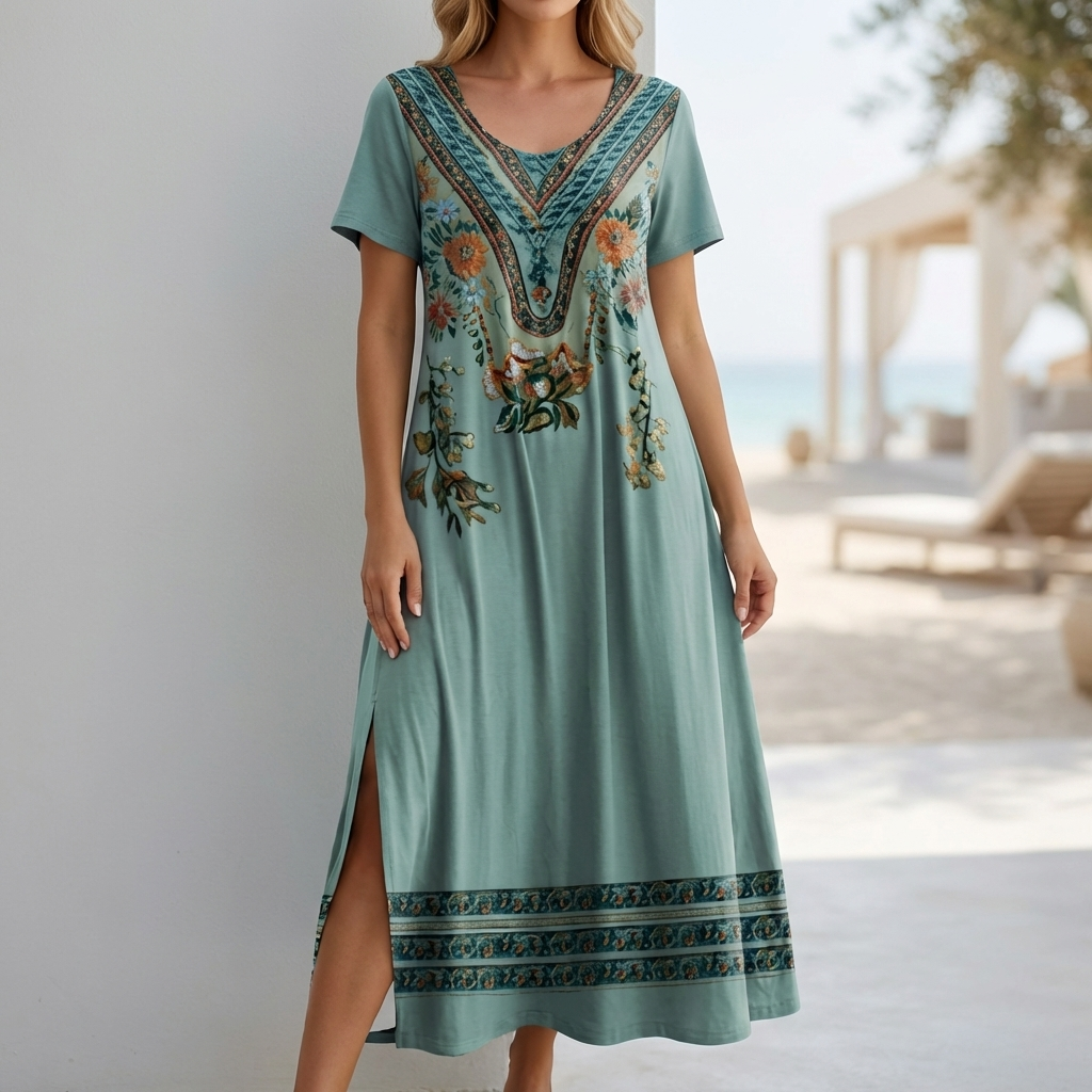 Bohemian A-Line Scoop Neck Maxi Dress for Women – Stylish & Comfortable Vacation Wear