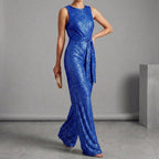 Isla Sequined Fitted Top Jumpsuit | Sleeveless Belted Jumpsuit