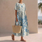 Pleated Oversized Floral Midi-Length Kaftan Dress for Women – Stylish Casual Comfort
