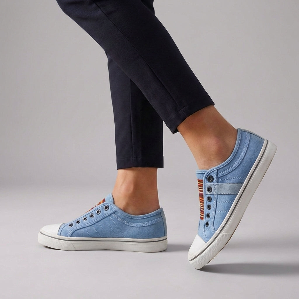 Isabella Striped Slip-On Sneakers | Elastic Vamp Round Toe Sneakers