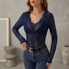 Sheer Scalloped Floral Lace Bodysuit for Women – Elegant Night Out Style