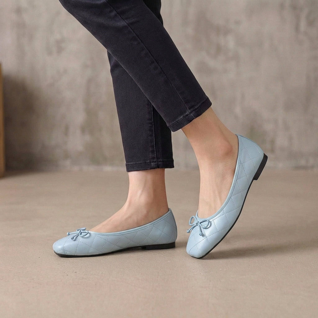 Ivy Quilted Square Toe Bow Detail Ballet Flats | Slip-On Ballet Flats