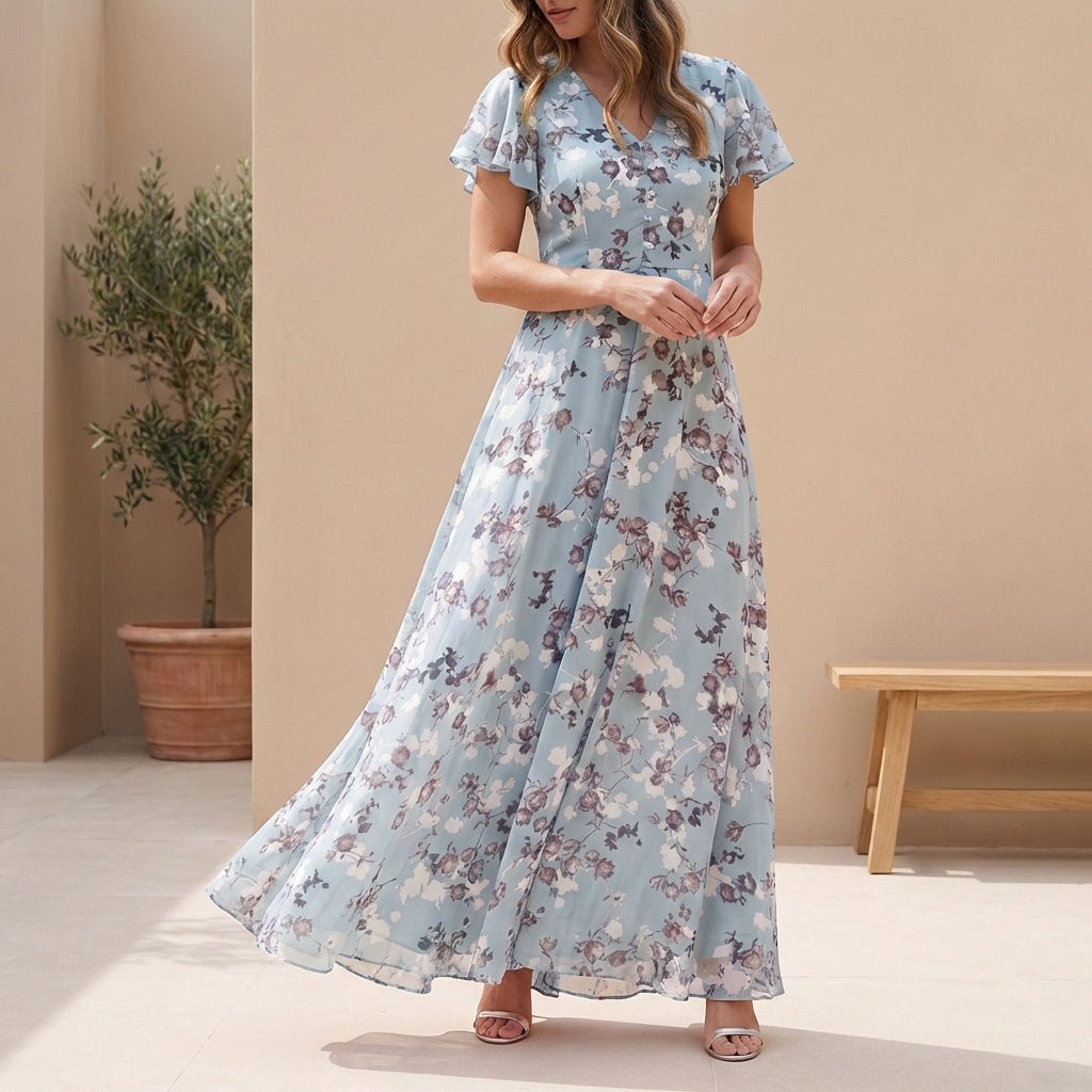 Sienna A-Line Maxi Dress | V-Neck Flutter Sleeve Dress