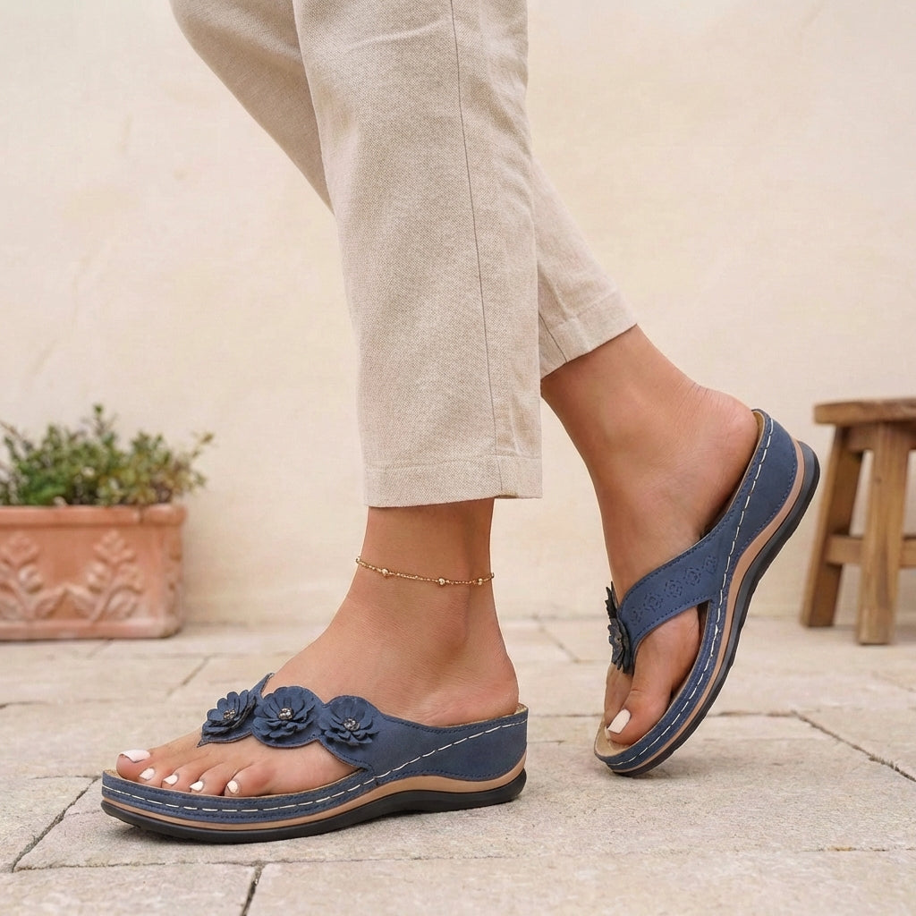 Sienna Orthopedic Open Toe Wedge Flip-Flops | Floral Embellishments Wedge Flip-Flops