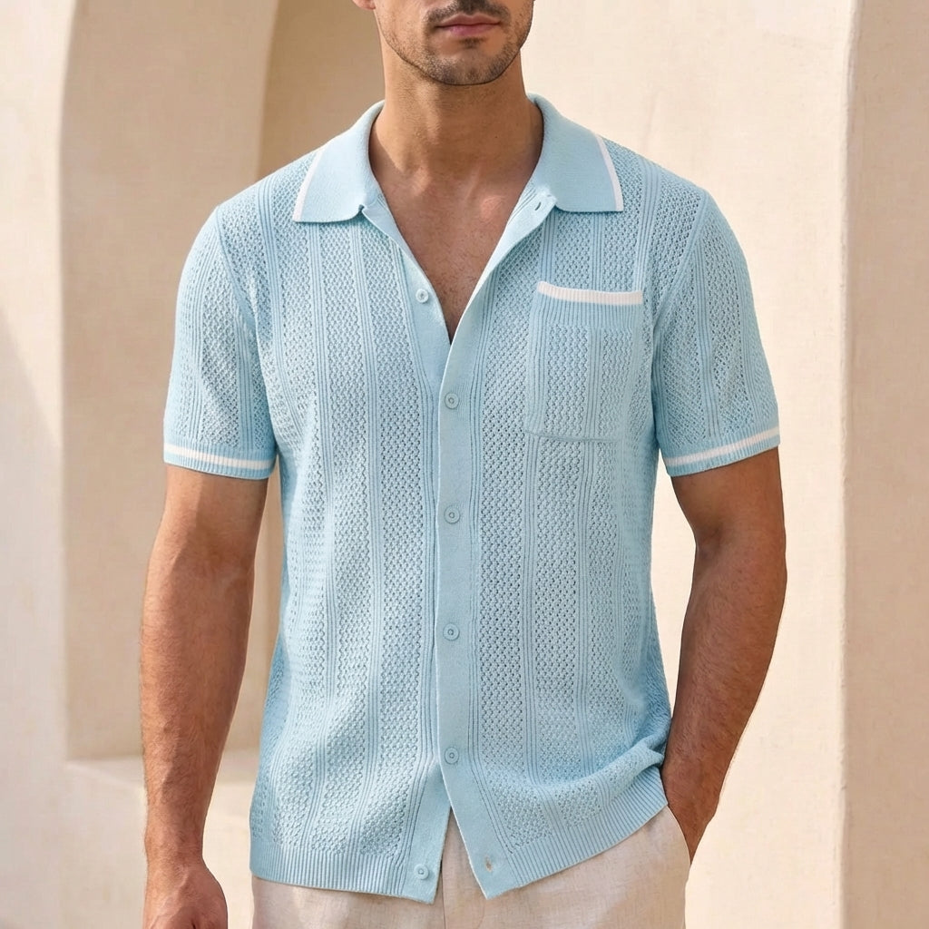 Relaxed Fit Striped Knit Polo Shirt for Men – Stylish Casual Comfort
