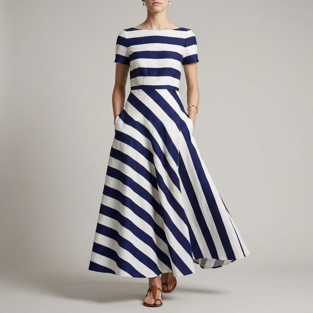 A-Line Ankle-Length Striped Maxi Dress with Pockets for Women – Stylish & Comfortable