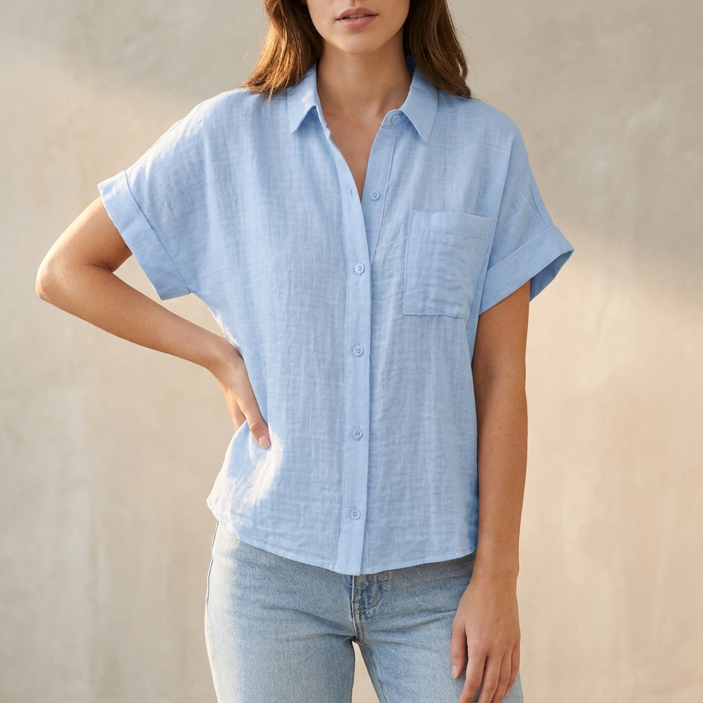Relaxed Fit Collared Button-Up Shirt for Women – Breathable Casual Comfort