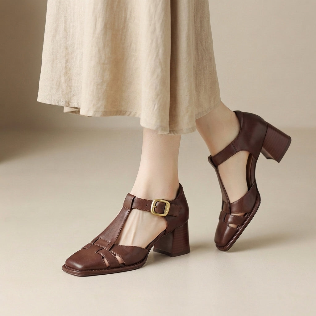 Chunky Heel Square Toe T-Strap Heeled Sandals for Women – Orthopedic Comfort & Style