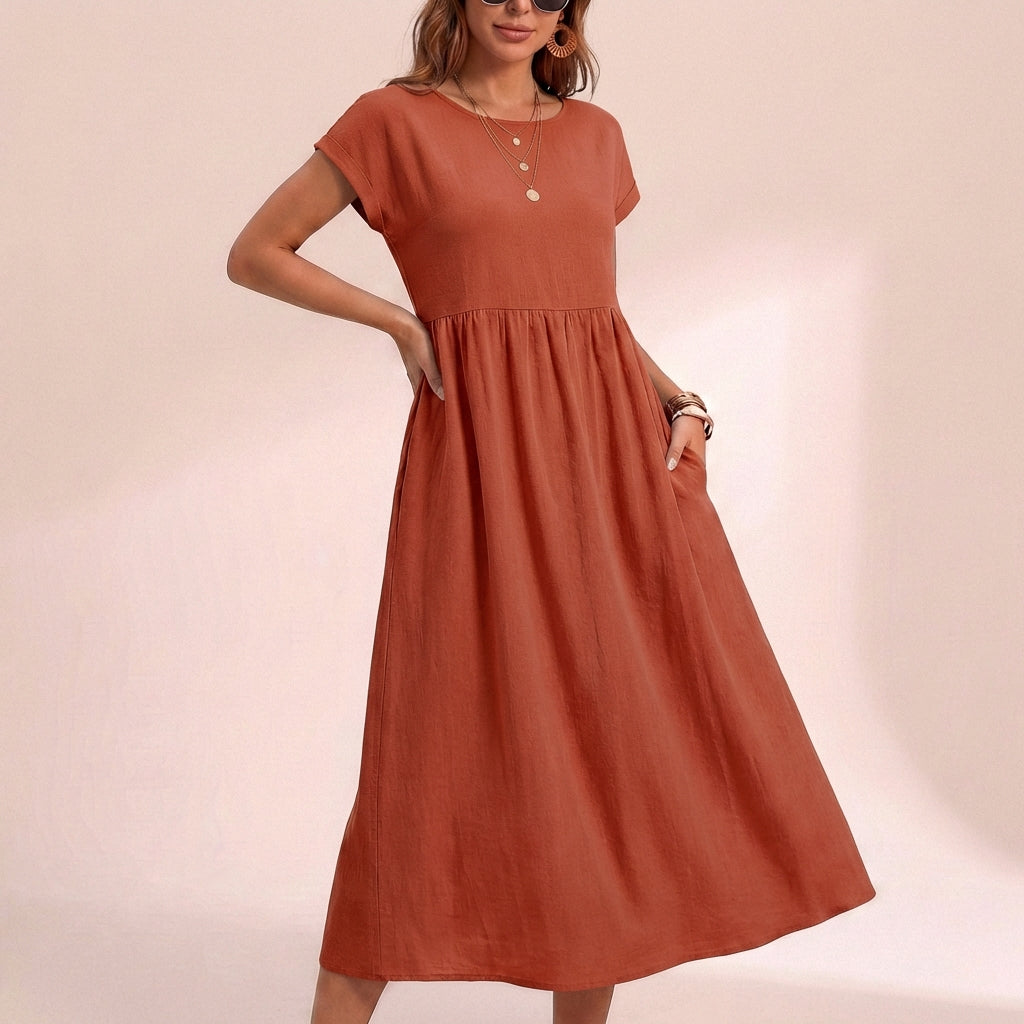 Isla Relaxed Fit Midi Dress | Side Pockets Gathered Waist Dress
