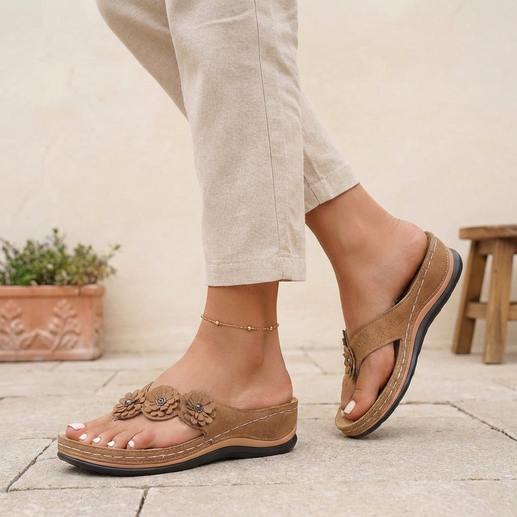 Sienna Orthopedic Open Toe Wedge Flip-Flops | Floral Embellishments Wedge Flip-Flops