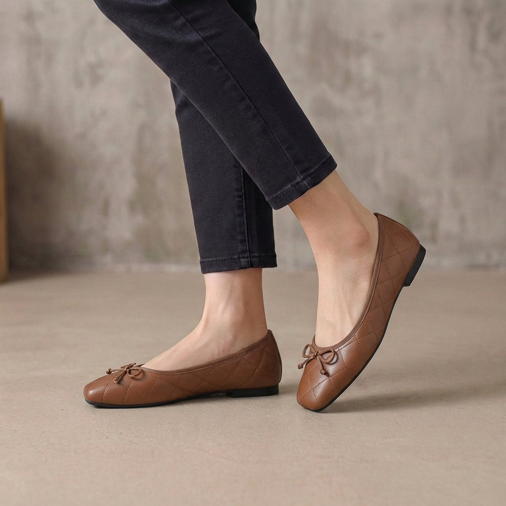 Ivy Quilted Square Toe Bow Detail Ballet Flats | Slip-On Ballet Flats