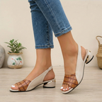 Embossed Peep Toe Colorblock Block Heel Slingback Sandals for Women – Stylish & Comfortable