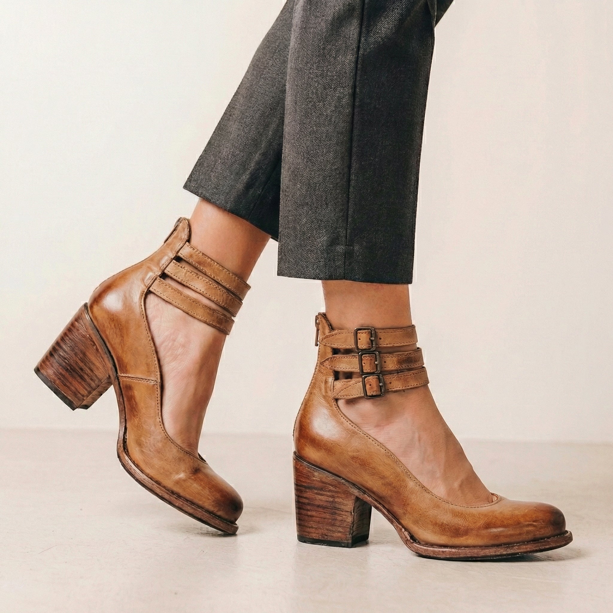 Distressed Leather Cut-Out Block Heel Ankle Strap Heels for Women – Stylish & Comfortable Design
