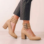 Distressed Leather Cut-Out Block Heel Ankle Strap Heels for Women – Stylish & Comfortable Design