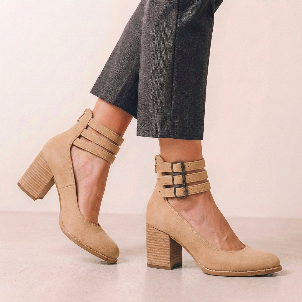 Distressed Leather Cut-Out Block Heel Ankle Strap Heels for Women – Stylish & Comfortable Design