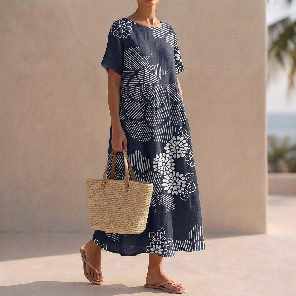 Pleated Oversized Floral Midi-Length Kaftan Dress for Women – Stylish Casual Comfort