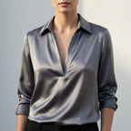 Draped Relaxed Fit Collared V-Neck Blouse for Women – Elegant Comfortable Design