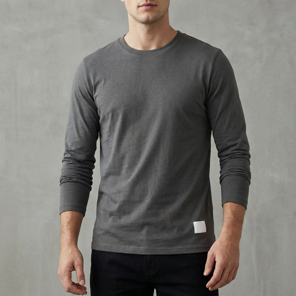 Archie Regular Fit Long Sleeve T-Shirt | Solid Crewneck Ribbed Collar T-Shirt