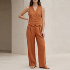 Fitted V-Neck Vest and Wide-Leg Pleated Trousers Set for Women – Stylish & Comfortable Smart Casual