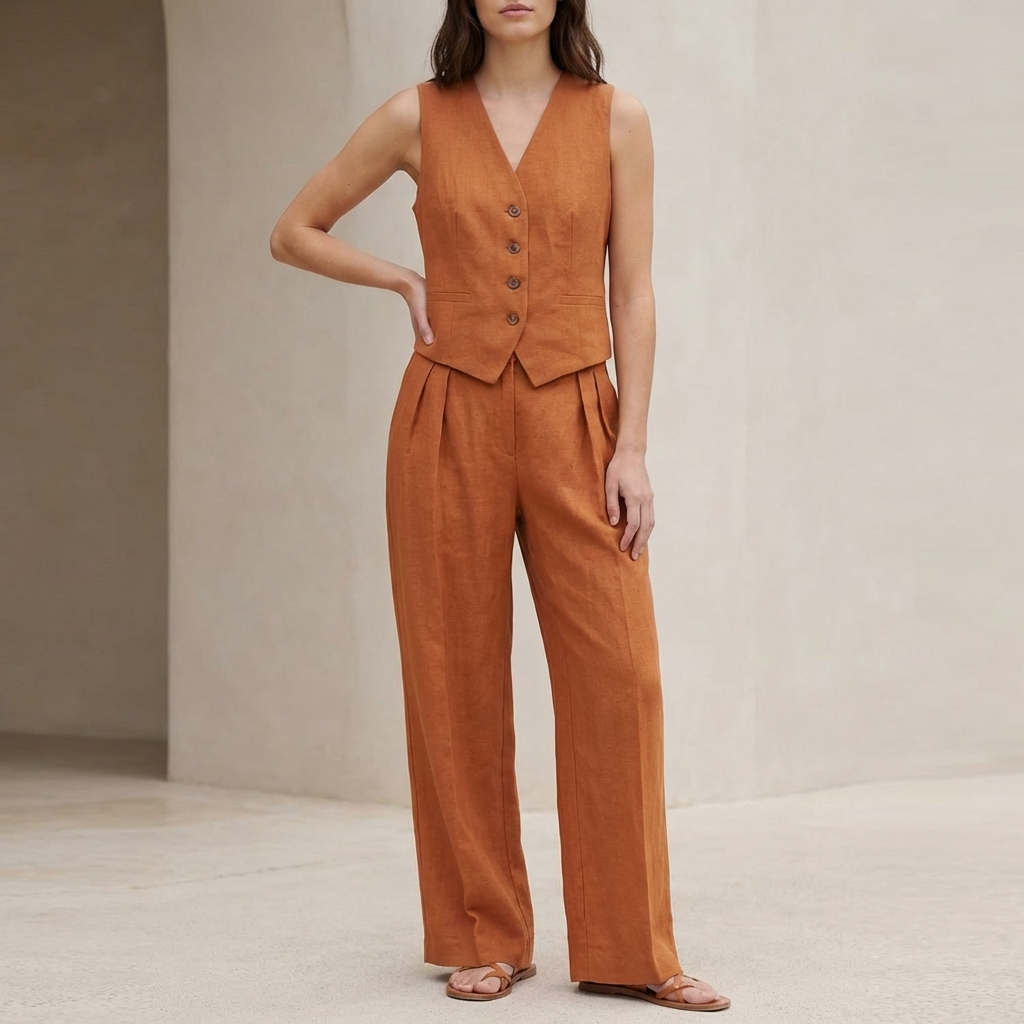 Fitted V-Neck Vest and Wide-Leg Pleated Trousers Set for Women – Stylish & Comfortable Smart Casual