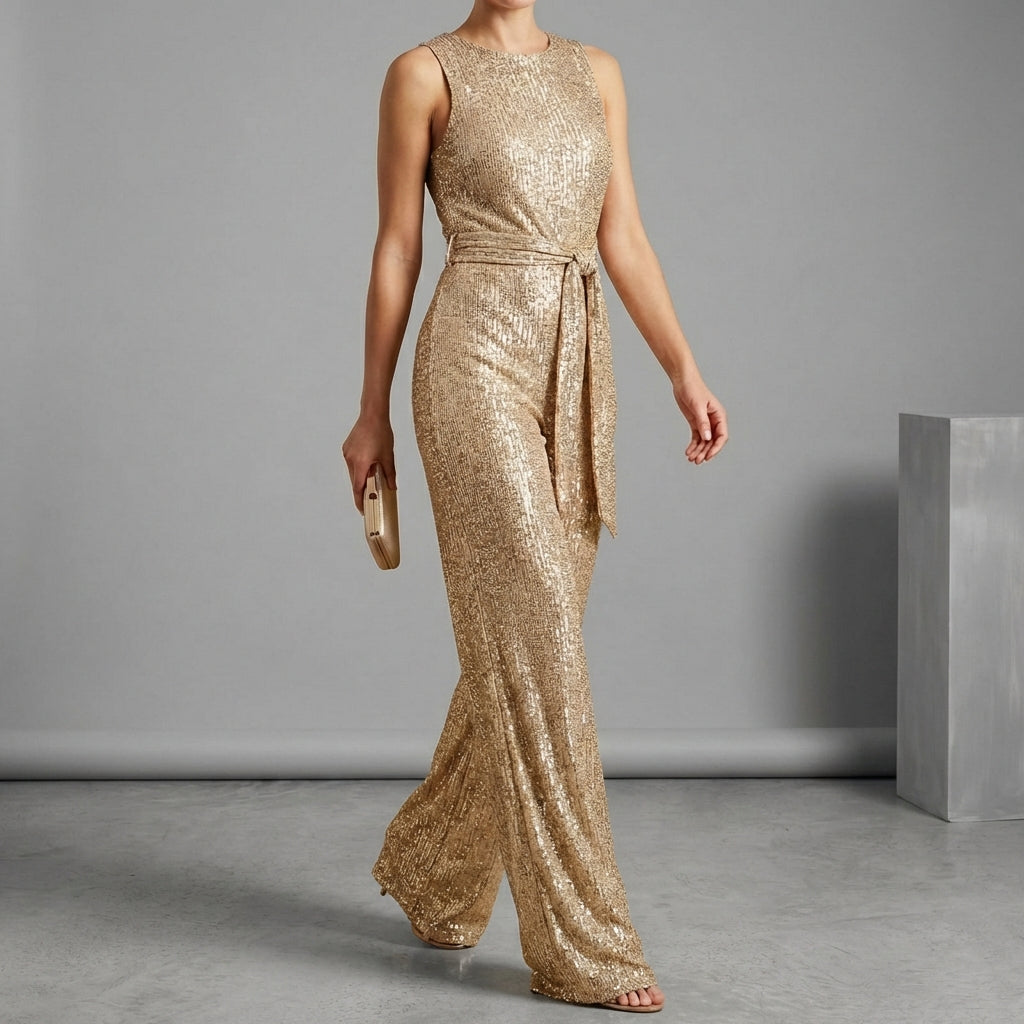 Isla Sequined Fitted Top Jumpsuit | Sleeveless Belted Jumpsuit