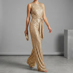 Sequined Belted Wide-Leg Jumpsuit for Women – Elegant Party Style