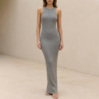 Ribbed Bodycon High Neck Sleeveless Maxi Dress for Women – Elegant Evening Wear