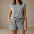 Sienna Loose Fit Cap Sleeve T-Shirt And Relaxed Fit Drawstring Shorts Two-Piece Set | Solid Casual Set