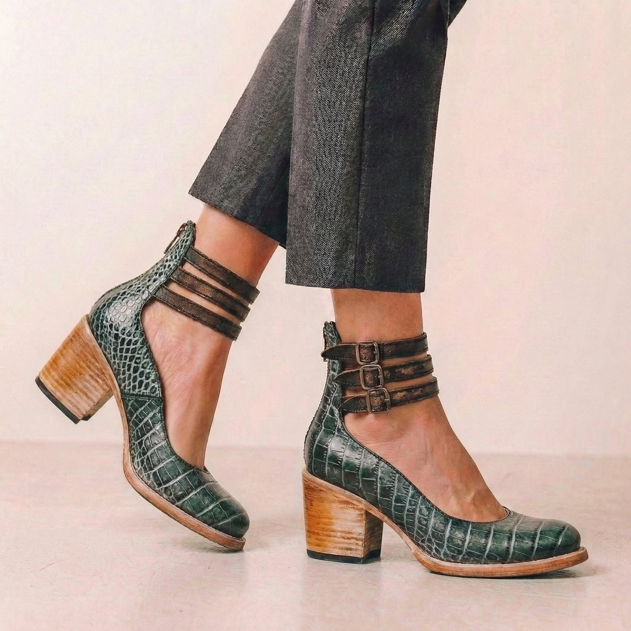 Distressed Leather Cut-Out Block Heel Ankle Strap Heels for Women – Stylish & Comfortable Design