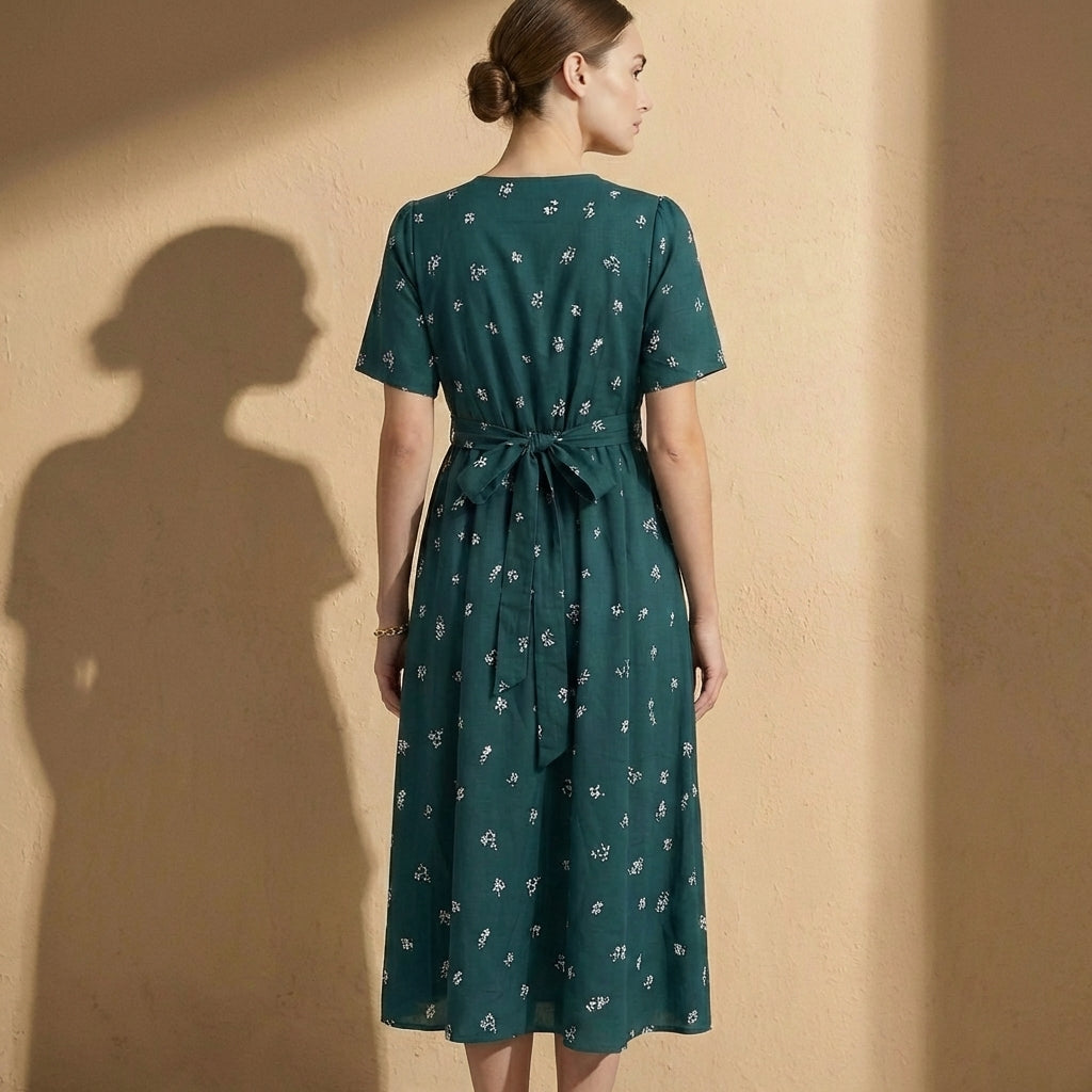 Isla A-Line Dress | Short Sleeve Wrap Front Tie-Back Midi Dress