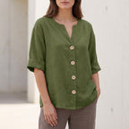 Relaxed Fit V-Neck Button-Up Shirt for Women – Stylish Casual Comfort