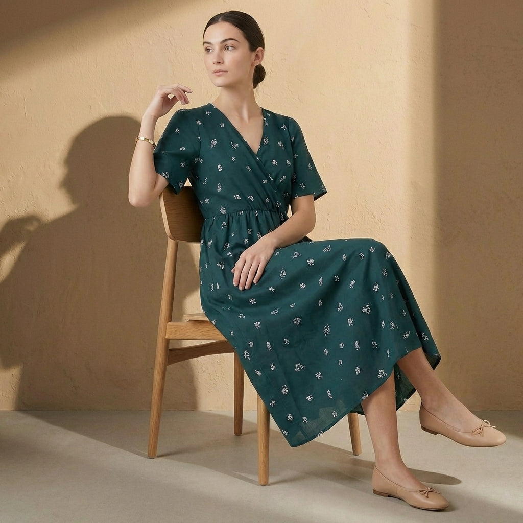 Isla A-Line Dress | Short Sleeve Wrap Front Tie-Back Midi Dress