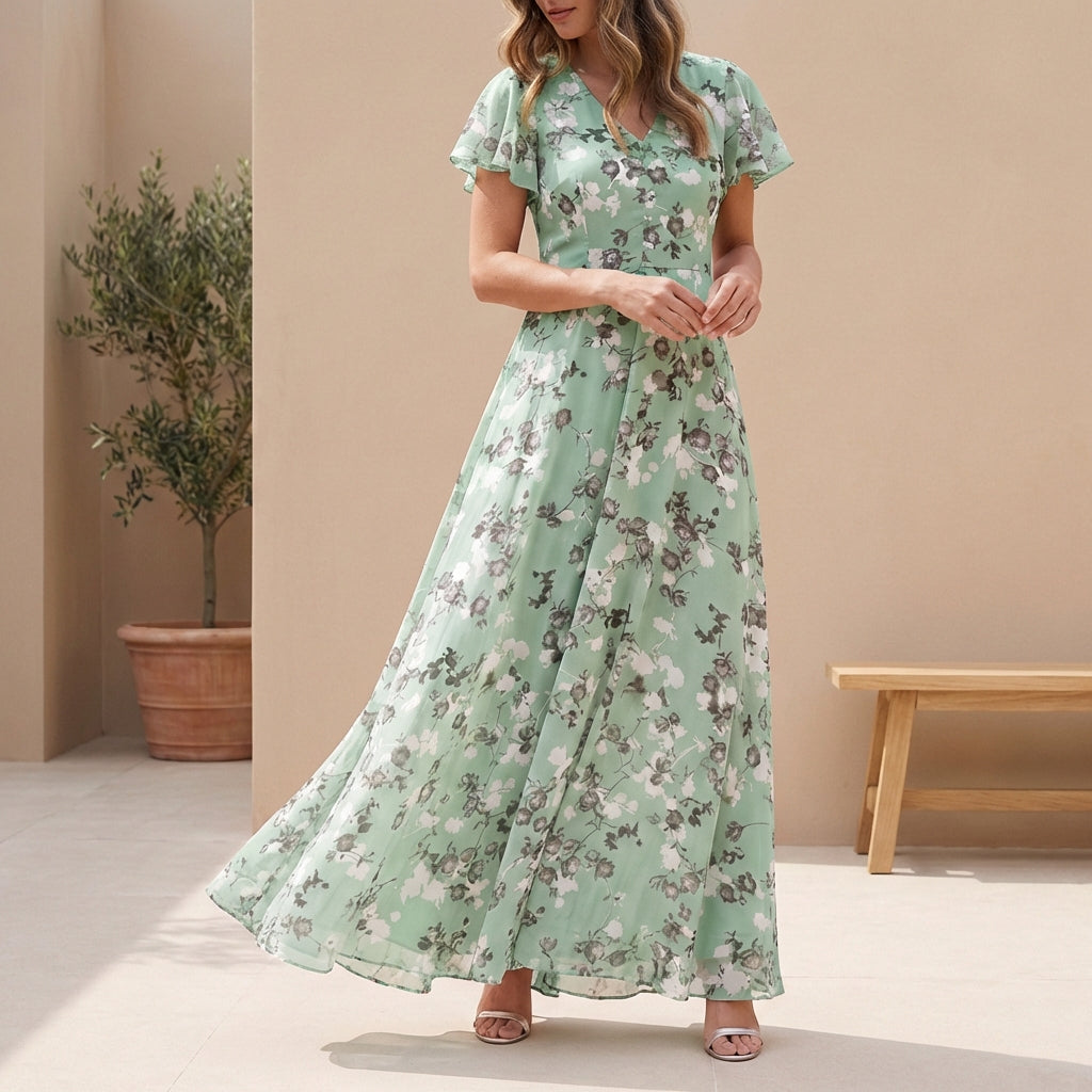 Sienna A-Line Maxi Dress | V-Neck Flutter Sleeve Dress