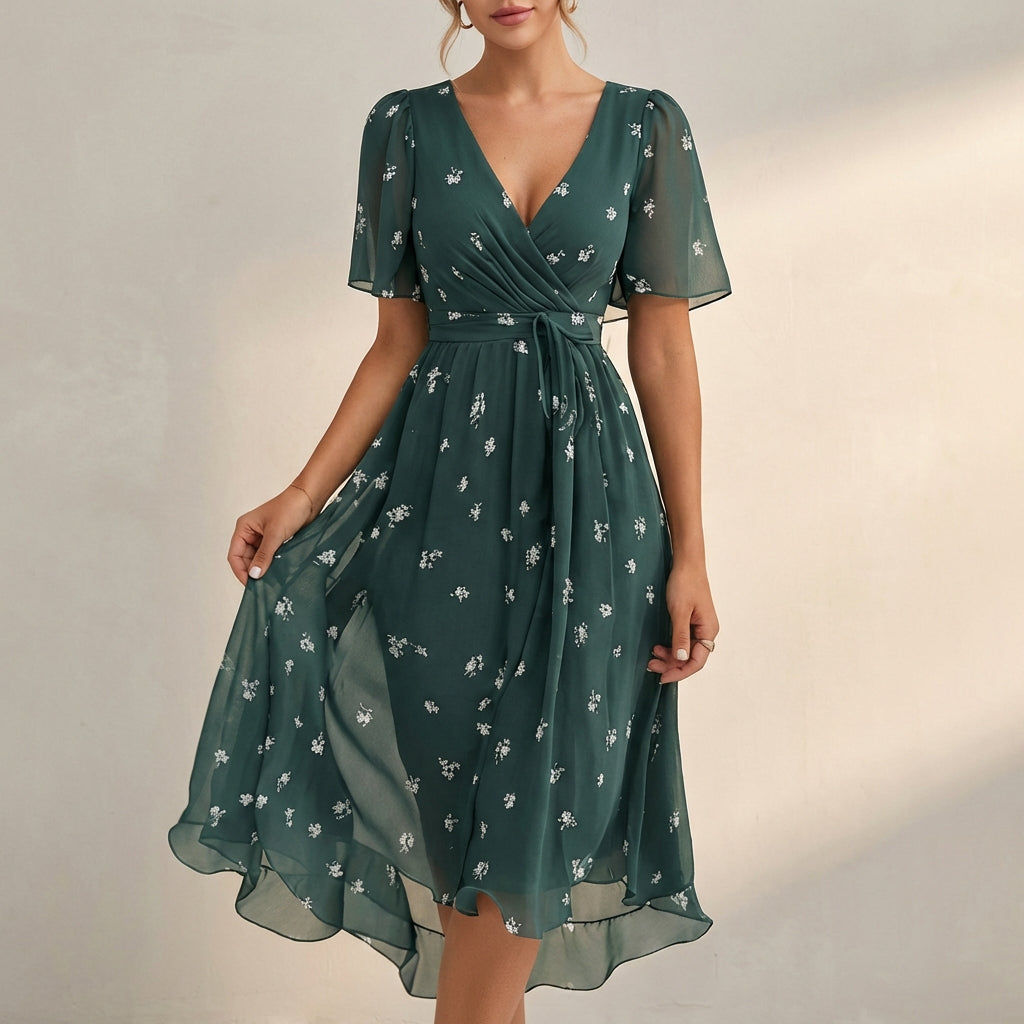 Floral Tie-Waist A-Line Wrap Dress for Women – Elegant Semi-Formal Style