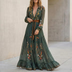 Embroidered Belted A-Line Collared Maxi Dress for Women – Elegant Casual Style