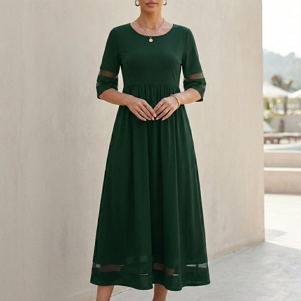 A-Line Maxi Dress with Mesh Panels and Pockets for Women – Stylish Comfortable Design