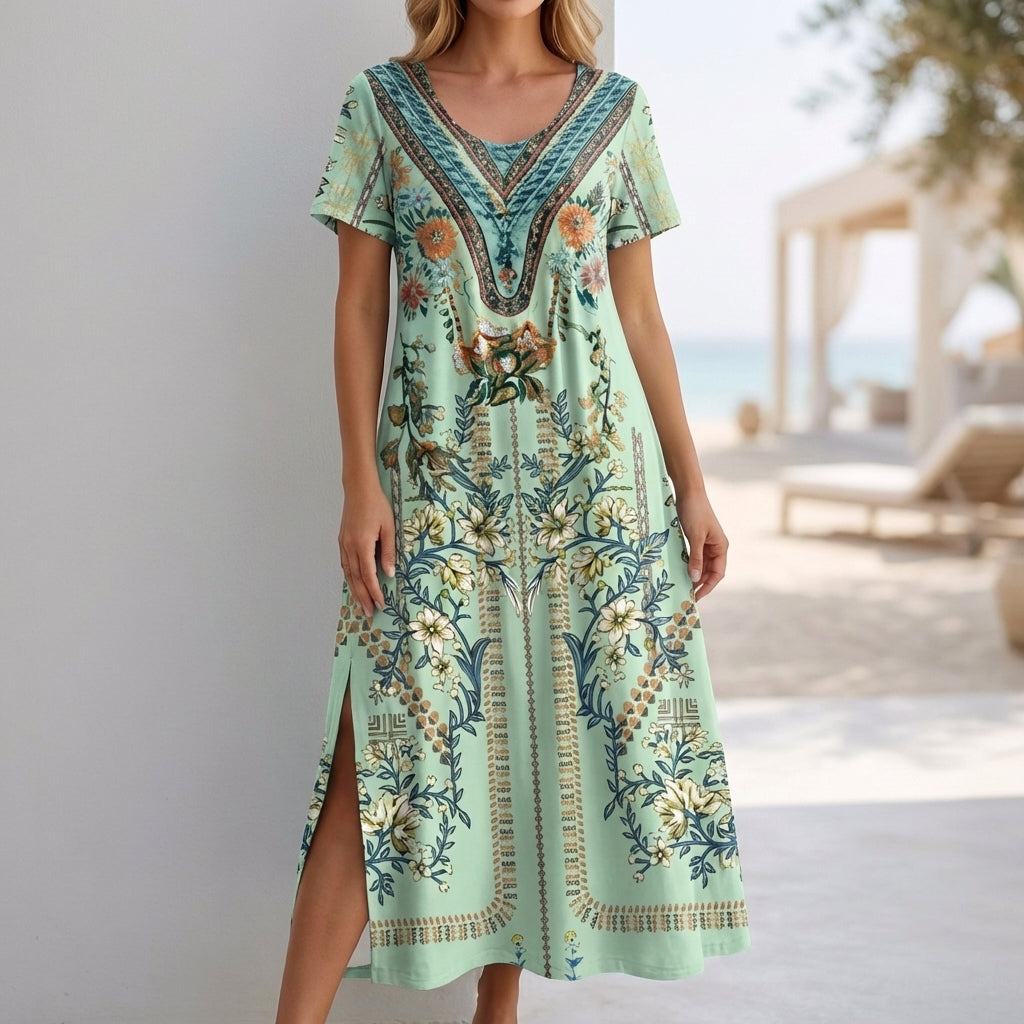 Bohemian A-Line Scoop Neck Maxi Dress for Women – Stylish & Comfortable Vacation Wear