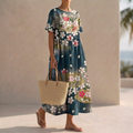 Pleated Oversized Floral Midi-Length Kaftan Dress for Women – Stylish Casual Comfort