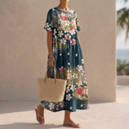 Pleated Oversized Floral Midi-Length Kaftan Dress for Women – Stylish Casual Comfort