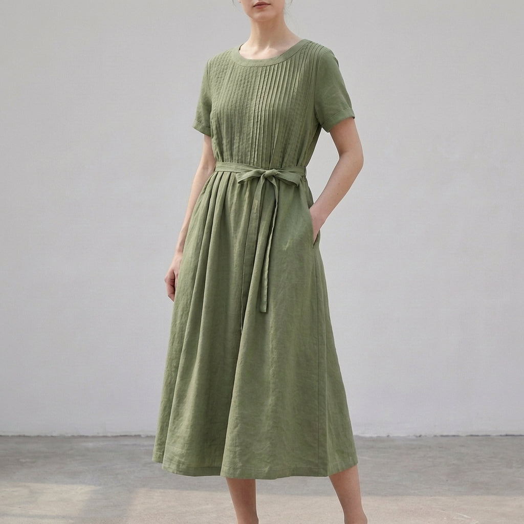 Pleated Belted A-Line Midi Dress for Women – Casual Elegant Comfort