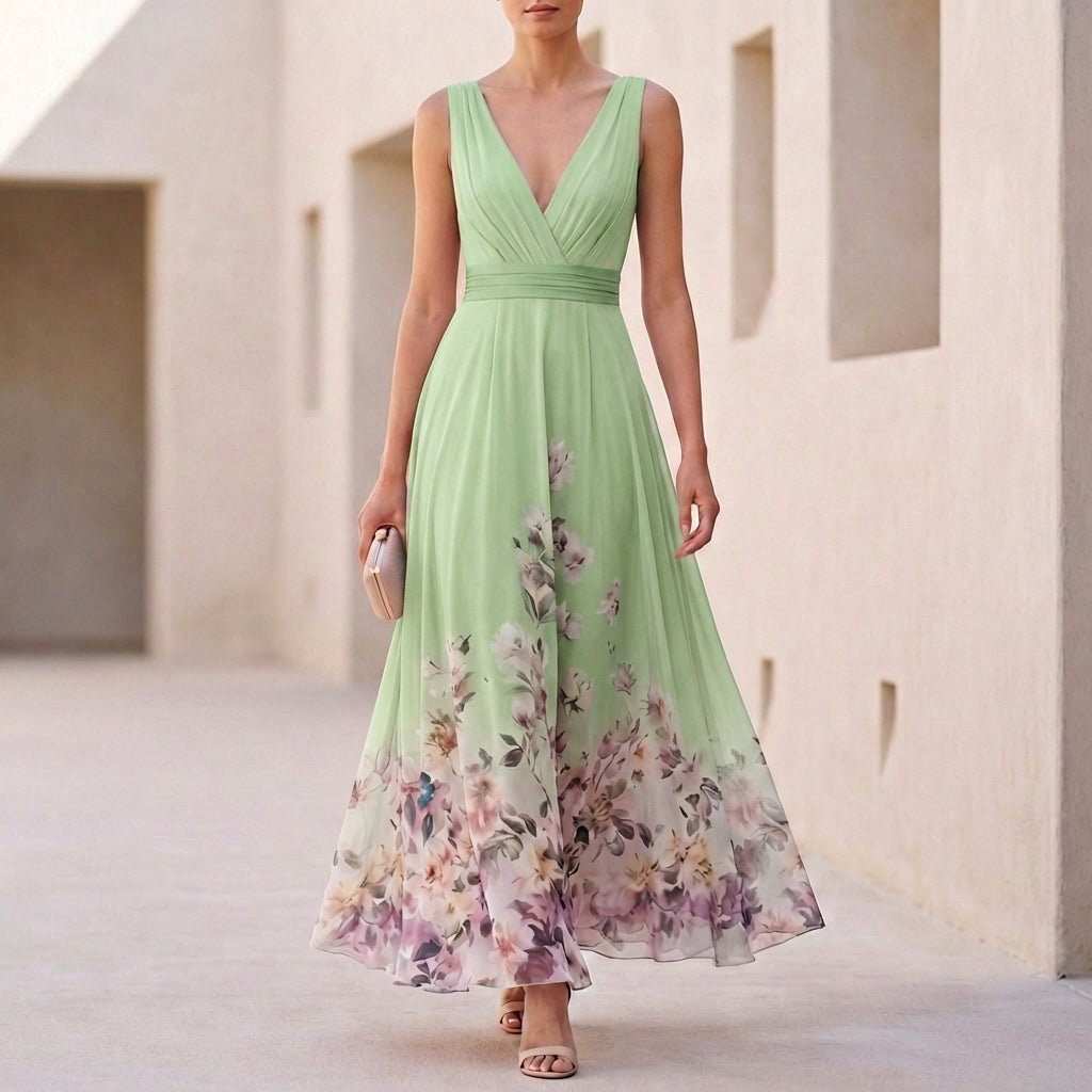 Amelia A-Line Maxi Dress | Floral V-Neck Sleeveless Dress