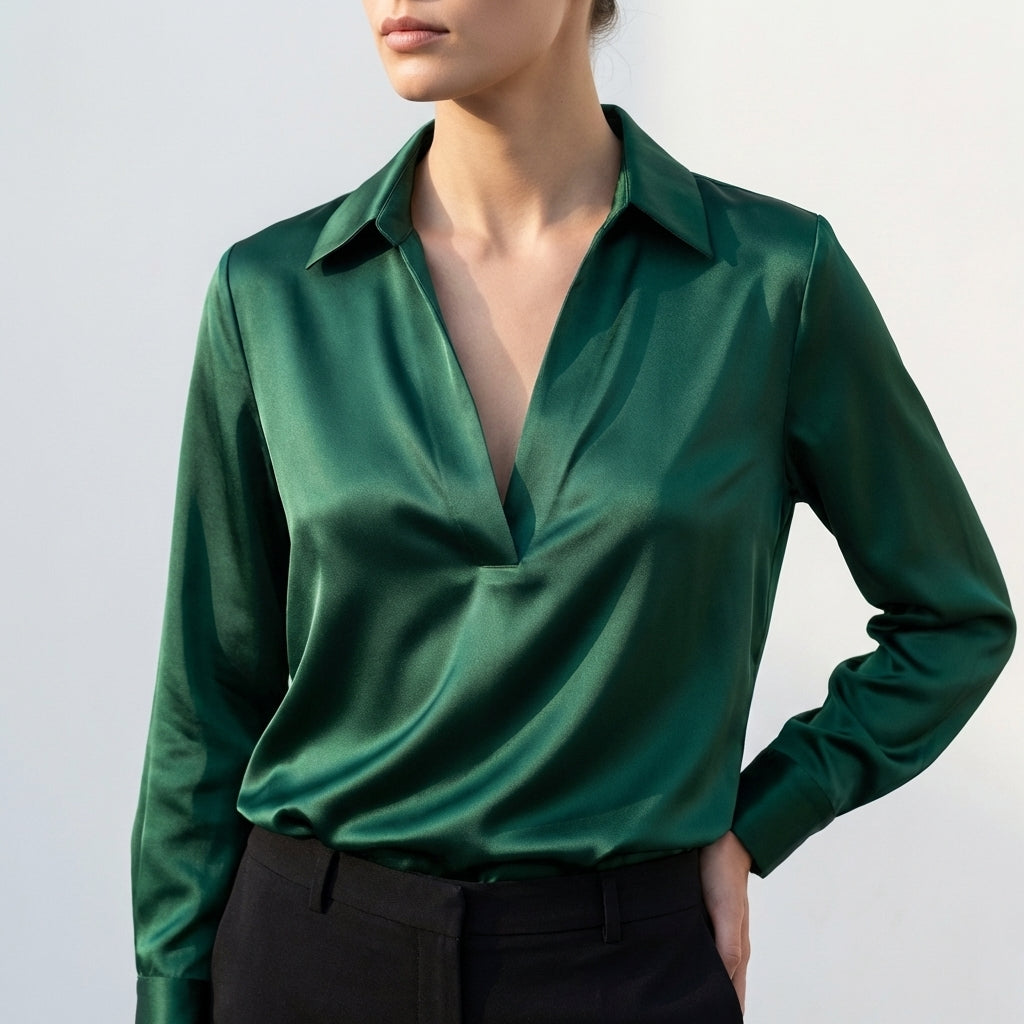 Draped Relaxed Fit Collared V-Neck Blouse for Women – Elegant Comfortable Design