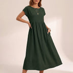 Isla Relaxed Fit Midi Dress | Side Pockets Gathered Waist Dress