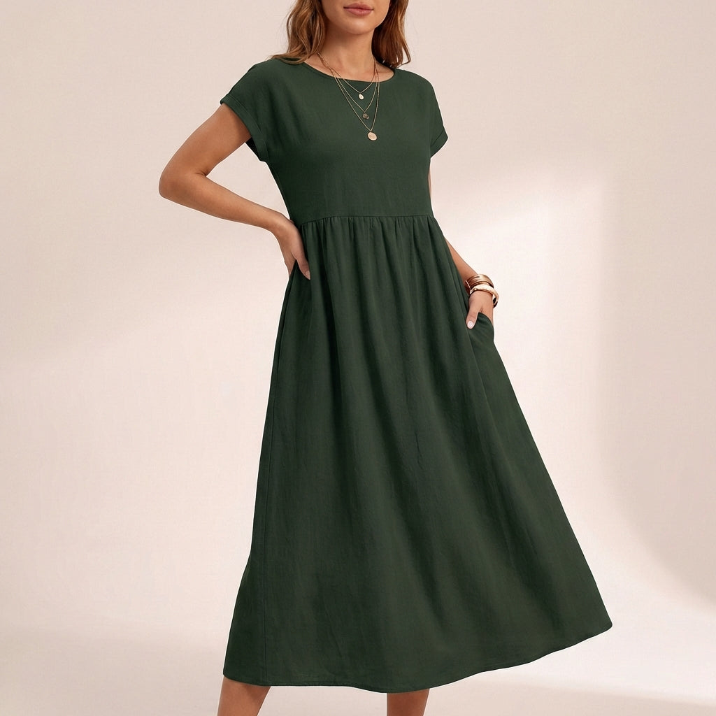 Isla Relaxed Fit Midi Dress | Side Pockets Gathered Waist Dress