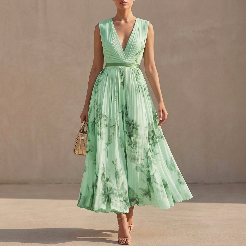 Thea Pleated A-Line Maxi Dress | V-Neck Balloon Sleeve Dress