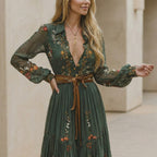 Embroidered Belted A-Line Collared Maxi Dress for Women – Elegant Casual Style